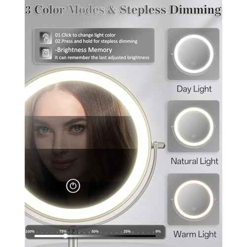 Makeup Mirror with Lights, 1X/30X Lighted Magnifying Mirror Height Adjustable, 3000mAh Rechargeable Double Sided Vanity Mirrors with 3 LED Lighting and Adjustable Brightness for Desk Women Gift