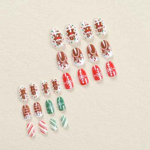 24 Pcs Christmas Press on Nails Almond Medium Fake Nails with Cute Cartoon Snowflake Design Cute Almond False Nails Christmas Glue on Nail Artificial Full Cover Stick on Nails for Women Girls