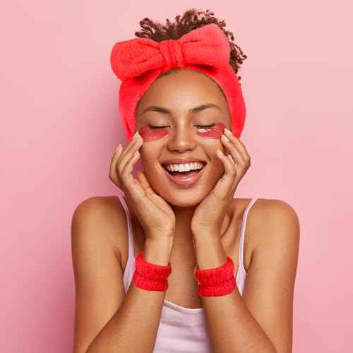 Hanaive 3 Pcs Face Wash Headband and Wristband Set Bow Spa Headbands Face Wash Arm Cuffs for Women Makeup Skincare Bath Headbands Wrist Bands for Washing Sleepover Party Supplies(Red)