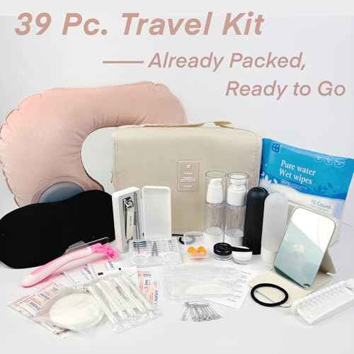 Travel Kit 39 Essentials for Travel Emergency, Large Capacity Toiletry Bag, All Purpose Grooming Set, Airplane Pillow Kit, TSA Approved (Pearl Bisque Beige)