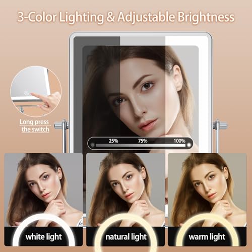 FASCINATE 5000mAh Rechargeable Wall Mounted Makeup Mirror, 8.7" Double Sided Touch Switch 1X/30X Rectangle Wall Mounted Magnifying Mirror with Light, 3 Color Setting, Extended Arm 360¡Æ Swivel Foldable