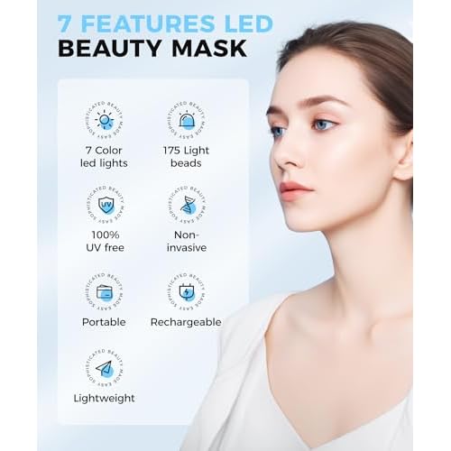 Yahi Red Light Photon Facial & Neck Mask with Remote Control, 7 Custom Modes with Infrared, Portable & Rechargeable with Timer for Home Use, 175 High-Density Light Beads, White
