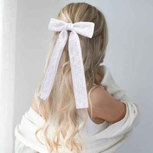 VOBOBE 2PCS Hair Bows for Women Girls, White Coquette Lace Bow Clips Silky Satin Hair Ribbons with Long Tail Hair Accessories for Wedding Birthday (White)