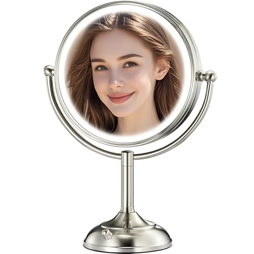 VESAUR 9.1" Large 5000mAh Rechargeable Lighted Makeup Mirror Nickel, 1X/10X/20X HD Magnifying with Compact Suction Mirror, 3 Color Dimmable Light, 360¡ÆSwivel Seamless Vanity Mirror, Gift Box
