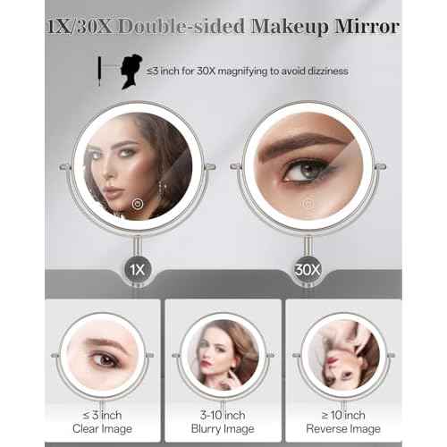 Makeup Mirror with Lights, 1X/30X Lighted Magnifying Mirror Height Adjustable, 3000mAh Rechargeable Double Sided Vanity Mirrors with 3 LED Lighting and Adjustable Brightness for Desk Women Gift