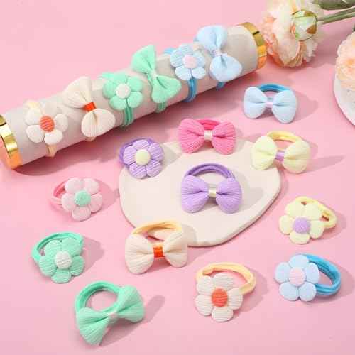 36 Pcs Toddler Hair Ties, Girls Hair Accessories Baby Hairs Bows Cute Flower Hairties Little Girls Hairbands for Thick Hairs, Baby Scrunchies for Infant Soft Pink, Yellow, Green, Purple, Blue