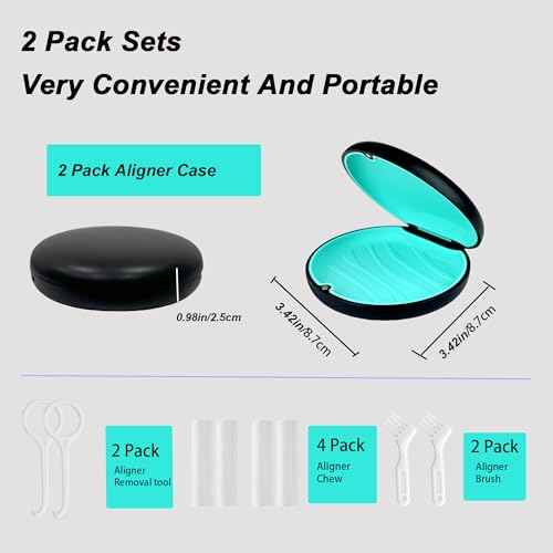 2 Pack Aligner and Retainer Case,Compatible with Invisalign,Mouthguard Case Kits, Portable Aligner Cases with Chew Remover Tool and Brush, Black(Blue+Cyan Silicone)