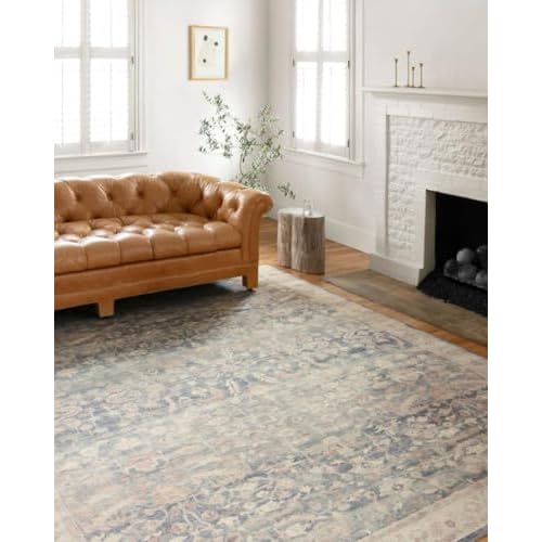 Loloi Hathaway Collection HTH-02 Denim/Multi 5'-0" x 7'-6", .25" Thick Area Rug, Soft, Durable, Printed, Modern, Low Pile, Non-Shedding, Easy Clean, Living Room Rug