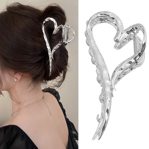 Hair Claw Clips Sliver Metal Large Heart Shaped for Thick or Thin Hair Strong Hold Clip Elegant Non Slips Hair Jaw for Women Y2k Hair Accessories