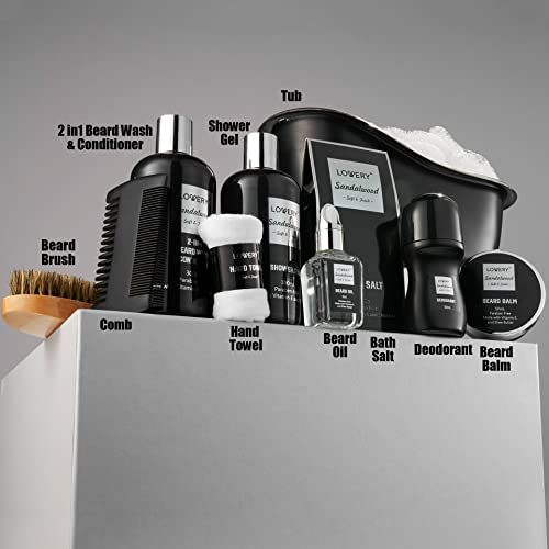 Christmas Gifts for Men, Mens Spa Gift Set Beard Kit and Body Care, Unique Gifts for Dad Sandalwood Spa Gift Baskets, Bath and Beard Grooming Kit, Birthday Gifts for Him with Beard Balm, Growth Oil.