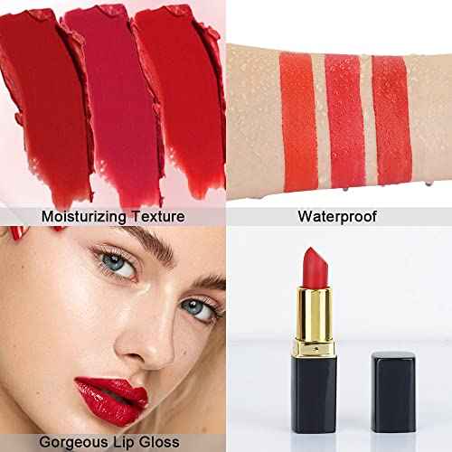 evpct 3Pcs Red Matte Lipstick Set for Older Women Long Lasting, Dark Light Bright Ruby Berry Red Matte Velvet Long Lasting Lipstick Waterproof Smudge Proof 24 Hours Original Lip Stick Stain Makeup Kit