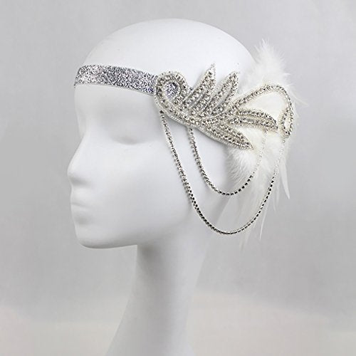 JISEN 1920s Flapper Vintage Peacock Feather Gatsby Beaded Tassel Headpiece