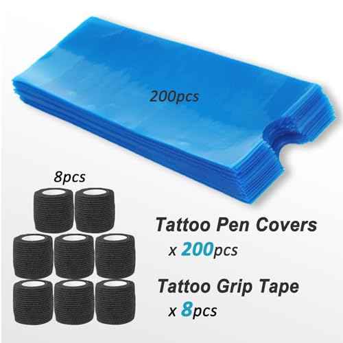 200pcs Large Tattoo Machine Pen Covers and 8pcs Grip Tape Wraps - Yugui Disposable Gun Bags Sleeves Self-Adhesive Grip Wraps Tattoo Kit Supplies