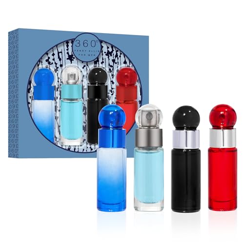 Perry Ellis 360¡Æ 4-Piece Mini Cologne Set for Men - Cologne Gift Sampler Set, Travel Size - 360¡Æ Men, Red, Very Blue, & Black - 0.25 fl oz (Pack of 4)