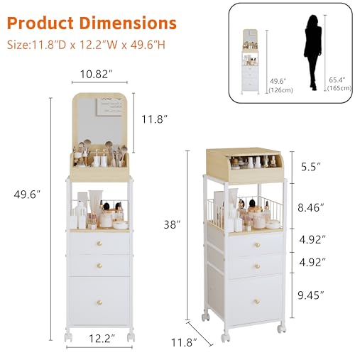 Makeup Organizer Cart with Vanity Mirror, Floor Skincare Organizers Make Up Organizers-Vanity Organizer Cosmetic Display Cases Holder for Skin Care Perfume Nail Polish Brush Hair Tool (White)