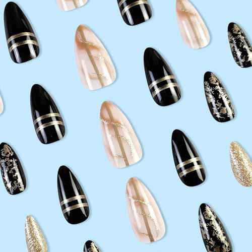 Black Amber Press on Nails Almond Fake Nails Medium Length Gold Foil Glue on Nails with Designs False Nail Tips Exquisite Almond Shape Stick on Nails Medium Artificial Nails for Women 24Pcs
