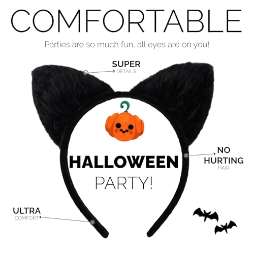 Halloween Cat Ears Headband ? Black Cat Ears Hair Accessory for Cosplay, Fancy Dress, Masquerade & Party Costumes (Soft Style)