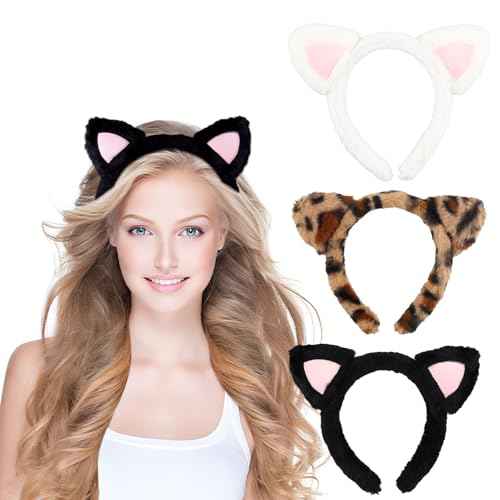 Cat Ear Headband for Women Girls 3pcs Plush Fuzzy Cat Ears Headbands Cute Animal Hairband Halloween Costume Party Accessories