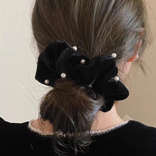 6 Pcs Pearl Velvet Elastic Hair Ties Black Ponytail Holders Pearl Rubber Band Hair Ropes Headbands Hair Accessories Scrunchie Ropes for Women Girls