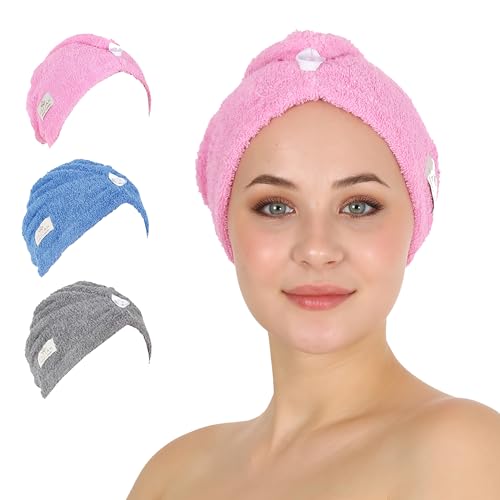 HALLEY Cotton Hair Towel Wrap (3 Packs) Super Absorbent Fast Drying Hair Towel for Thick Hair Turbans for Wet Hair with Button (Pink, Blue, Grey)