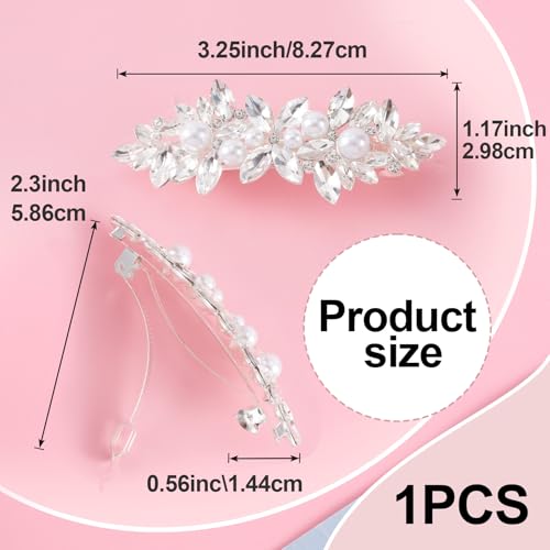 Rhinestone Pearl Barrettes, Crystal Hair Clips for Weddings, Silver French Barrette Clips for Women Thick Long Hair, Sparkly Hair Pins for Bridal Brides Wedding (1PCS)