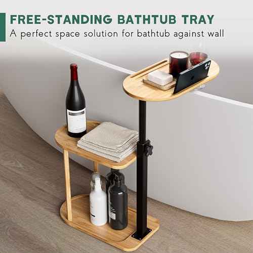 3 Layer Bath Tub Tray Table, Freestanding Bamboo Bath Tray Caddy for Tub Against Wall, Bath Table Tray Tub Shelf Bathroom Organizer Shelf for Luxury Spa and House Warming New Home