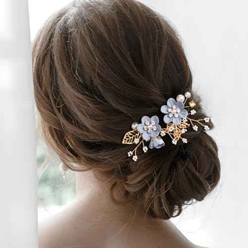 3pcs Flower Tassel Hair Pins, Vintage Chinese Rhinestones Pearl Hair Sticks, Floral Bun Updo Hair Comb Clip, Bridal Headpiece for Women Wedding, Parties - Blue