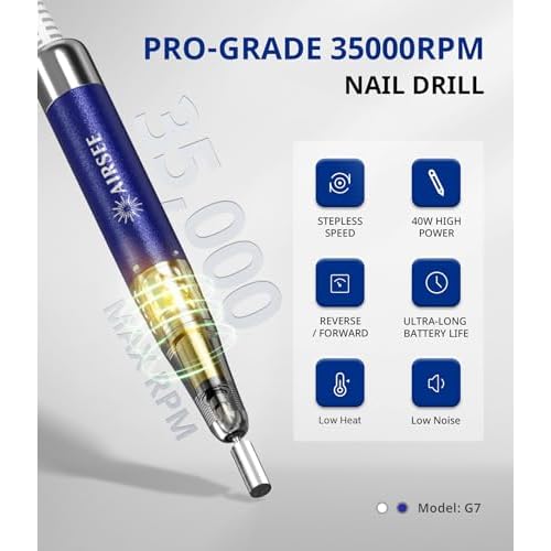 AIRSEE 35000 RPM Professional Electric Rechargeable Nail Drill File Machine for Acrylic Extension Gel Dip Powder Powerful Cordless Portable Efile 56 Sanding Bands 7 Bits LCD Scrn Salon Manicure Use G7