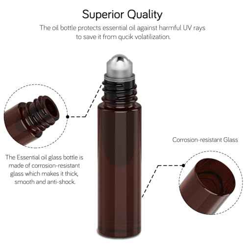 PrettyCare Set of 12, 10 ml Amber Glass Roller Bottles for Essential Oil with Stainless Steel Roller Ball - Refillable Leak-proof Empty Roll on Bottles with Black Caps for Travel, Perfume, Lab