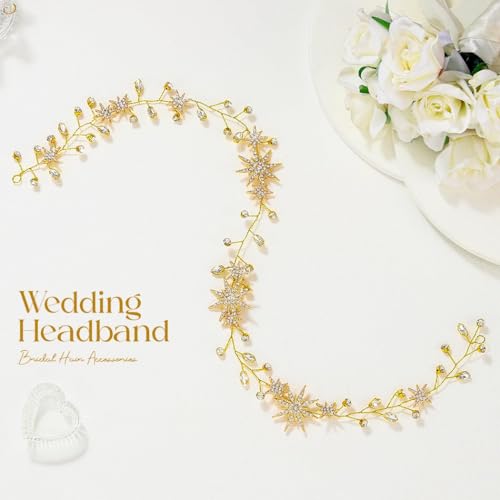 Unicra Star Rhinestone Bride Wedding Vine Gold Bridal Hair Piece Crystal Hair Accessory for Women and Girls (21 Inches) (Gold)
