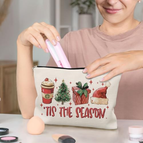 Tis the Season Christmas Makeup Bag, Red Santa Hat Gift Box Cocoa Christmas Tree Cosmetic Bags with Zipper for Women's Gifts