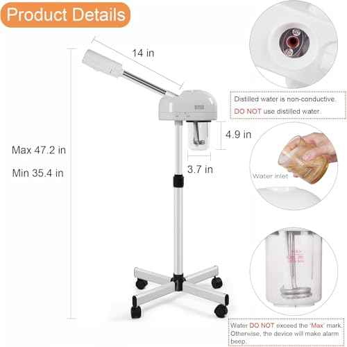 Professional Facial Steamer with Hot Mist Function, Stand Facial Steamer On Wheels, Height Adjustable & 360¡Æ Rotatable Nozzle, Use at Home & Salon SPA