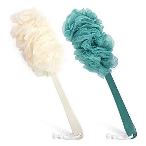 2Pack Back Scrubber for Shower£¬PIPUHA Loofah Sponge Shower Brush Using Body Exfoliating with Long Handle, Loofah on a Stick for Men Women, Bathing Accessories for Body Brushes (Blue and White)