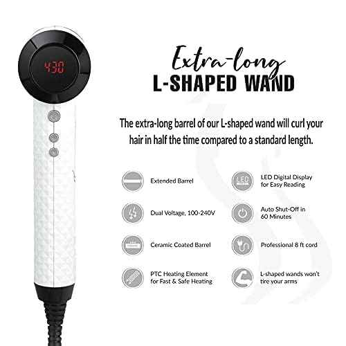 Mr Big Extra Long L-Shaped Curling Wand - First Angled Wand with an Extended 8” Barrel - Best XL Wand for Curling Long Hair and Extensions Quicker - Ceramic, Auto Off, Dual Voltage - 1” Diameter