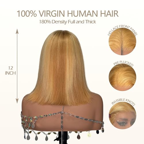 Highlight Blonde Bob Wigs Human Hair Strwberry Blonde mix with Bleach Blonde Short Bob Wig Human Hair for Women 13x4 HD Lace Front Wig Pre Pluckd Glueless Wigs 180% Density Bleached Knots