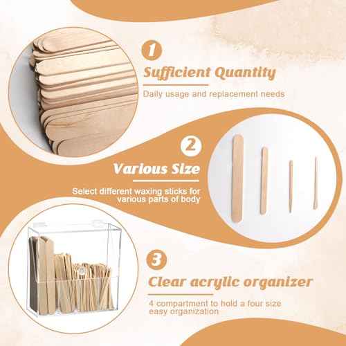 300 Pcs Wood Wax Applicator Kit 4 Style Wax Applicator Sticks with 4 Compartments Waxing Sticks Organizer Small Medium Large Waxing Applicators Waxing Sticks Assorted for Body Legs Face Nose Eyebrows