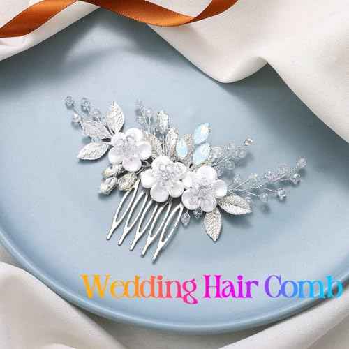 Catery Flower Bridal Hair Comb Wedding Hair Clip Rhinestone Hair Pieces Accessories for Women (Silver)