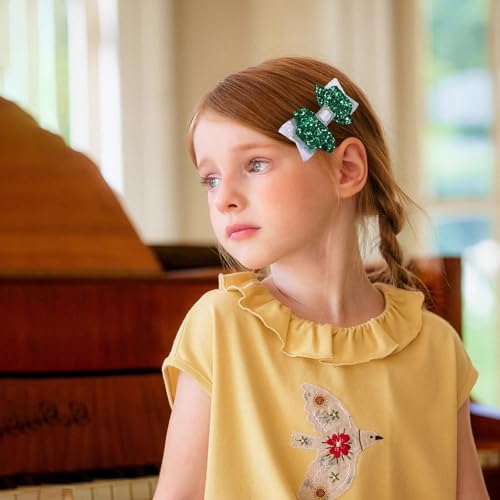 Glitter Hair Bow Clips 3.5 Inch Sweet Hairpins Girls Teens Kids Sparkly Hair Accessories for School Birthday Holiday Party Decor, White&Green