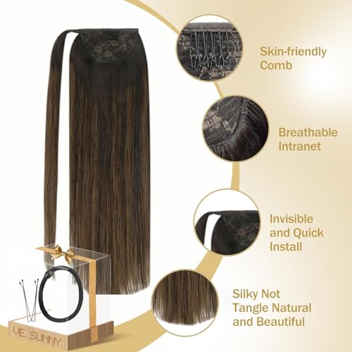 Ve Sunny Ponytail Extension Real Human Hair for Women Clip in Ponytail Hair Extension Straight Hair Pieces Wrap Around Dark Brown Mix Medium Brown Highlights Brown Balayage 16inch 80G