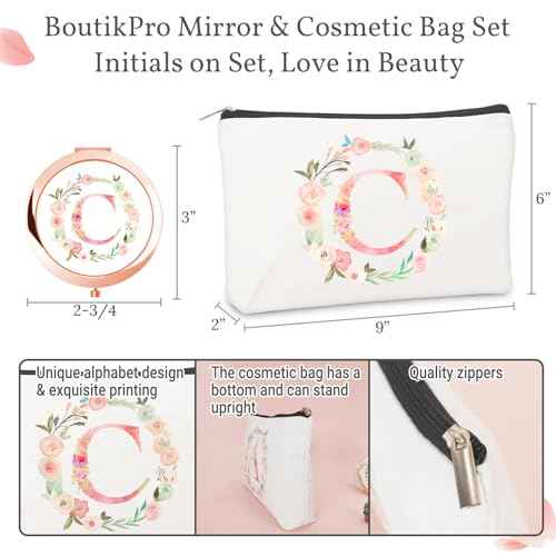 Personalized Gift Initial Compact Mirror w Makeup Bag for Women Sister Daughter Mom Wife, Floral Monogram Alphabet Small Mirror Ideal Gift on Birthday, Christmas, Graduation (C + Bag, ROSE GOLD)