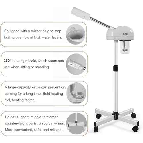 Professional Facial Steamer with Hot Mist Function, Stand Facial Steamer On Wheels, Height Adjustable & 360¡Æ Rotatable Nozzle, Use at Home & Salon SPA