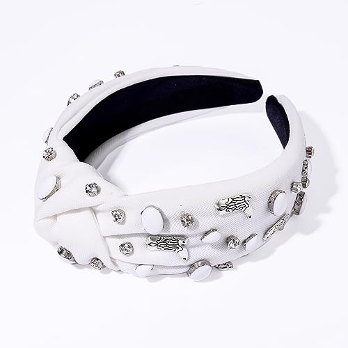 Crystal Knotted Headbands for Women Let's Go Girls Turquoise Cowgirl Boot Headband Rhinestone Embellished Top Knot Hairband Western Country Cowboy Shoe Wide Turban Hair Hoop (D White Cowgirl Boot)