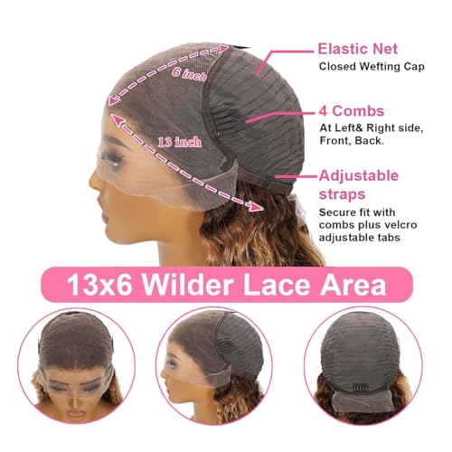 Highlight Ombre Lace Front Wig Human Hair Pre Plucked 13x6 HD Honey Blonde 4/27 Deep Wave Lace Frontal Wigs 200% Density Glueless Colored Wigs for Women Wet and Wavy Lace Front 18 Inch