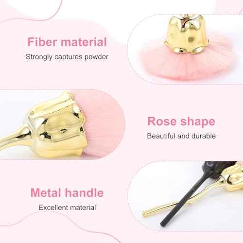 2Pcs Nail Dust Brush, Ultra Soft Nylon Powder Remover for Nails with Rose Shape Long Handle, Nail Art Cleaner Tools for Nails Trimming Cleaning Makeup (Black, Gold)