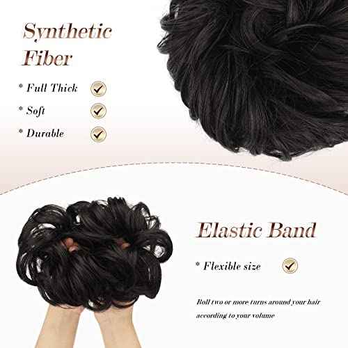 FESHFEN Messy Bun Hair Piece - Elastic Wavy Curly Hair Bun Scrunchies Extensions Synthetic Chignon Hairpieces for Women Girls, Black Brown 1.5 oz