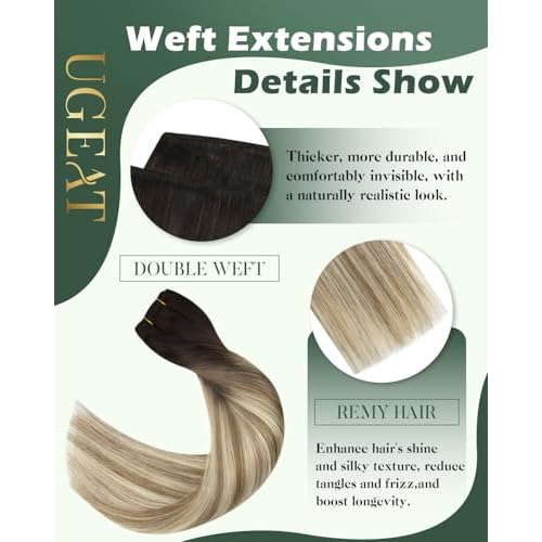 Ugeat 20 Inch Weft Hair Extensions Ombre Brown Sew in Hair Extensions for Women Balayage Chestnut Brown Mix Bleach Blonde Sew in Extensions Real Human Hair Comfort Wear 100G