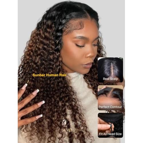 Sunber EasiContour V Part Curly Human Hair Wigs Ombre Brown with Drawstring Glueless 180% Density Upgrade No Leave Out Vpart No Gel Beginner Friendly Clip in Vpart Curly Wigs 14Inch
