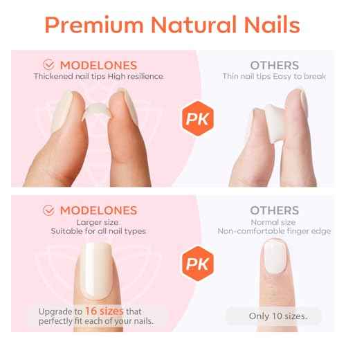 modelones French Tip Press On Nails, Short Oval Fake Nails Press Ons with Nail Glue, Adhesive Tabs, Nail File, Prep Pad, Manicure Stick, 32Pcs 16 Sizes, Nude, Christmas