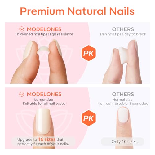 modelones French Tip Press On Nails, Short Oval Fake Nails Press Ons with Nail Glue, Adhesive Tabs, Nail File, Prep Pad, Manicure Stick, 32Pcs 16 Sizes, Nude, Christmas