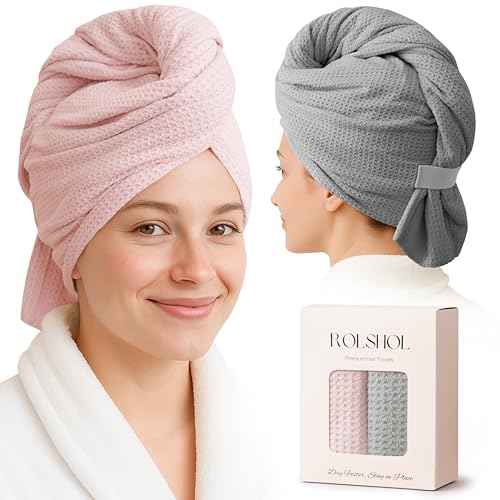 2 Pack Microfiber Hair Towel Wrap for Women, 32" x 11" Waffle Weave Hair Plopping Towel for Curly, Long & Thick Hair, Anti-Frizz Hair Turbans for Wet Hair (Pink, Grey)